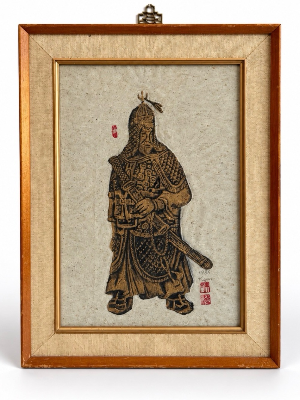 Vintage 1986 Asian Warrior Textile Art Signed Framed Red Chop Seal 20”
